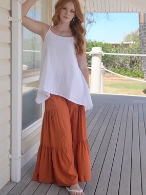 Lani Lau Wide Leg Tiered Solid Rust Boho Gypsy Festive Jersey Soft Comfy Stretch